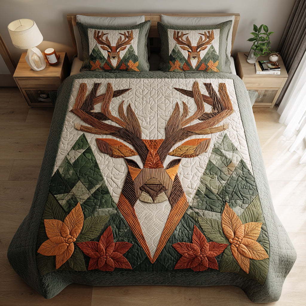 Woodland Reindeer Scene Quilted Bedding Set Holiday Duvet Sets Christmas Gifts For Husband