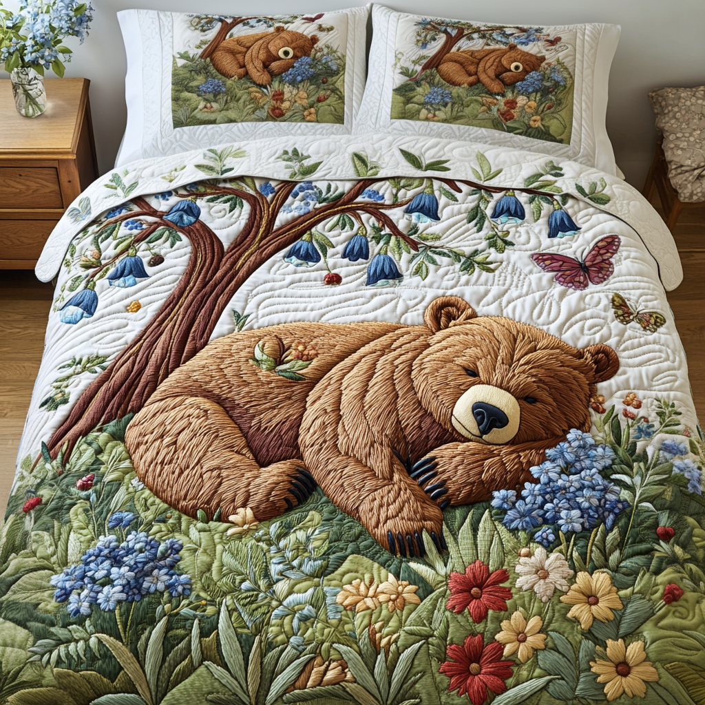 Woodland Rest Quilted Bedding Set Bed Room Decoration Bear Gifts For Her