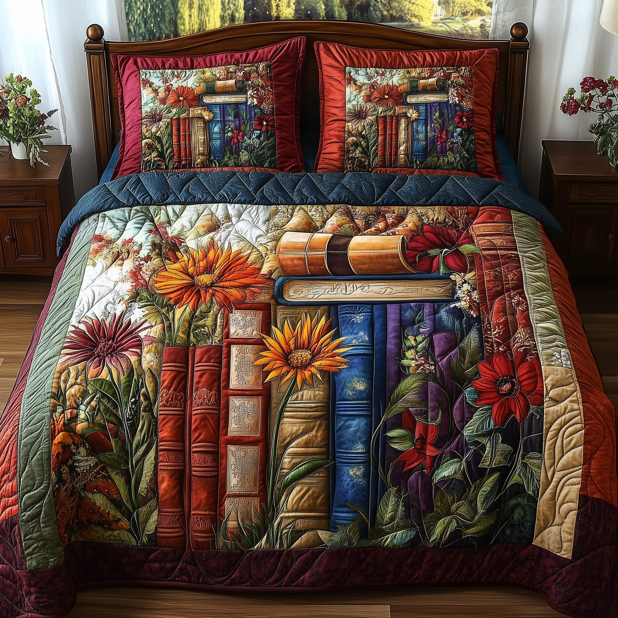 Woodland Retreat Quilted Bedding Set Book And Flowers Decor Reading Bedding Theme Gifts