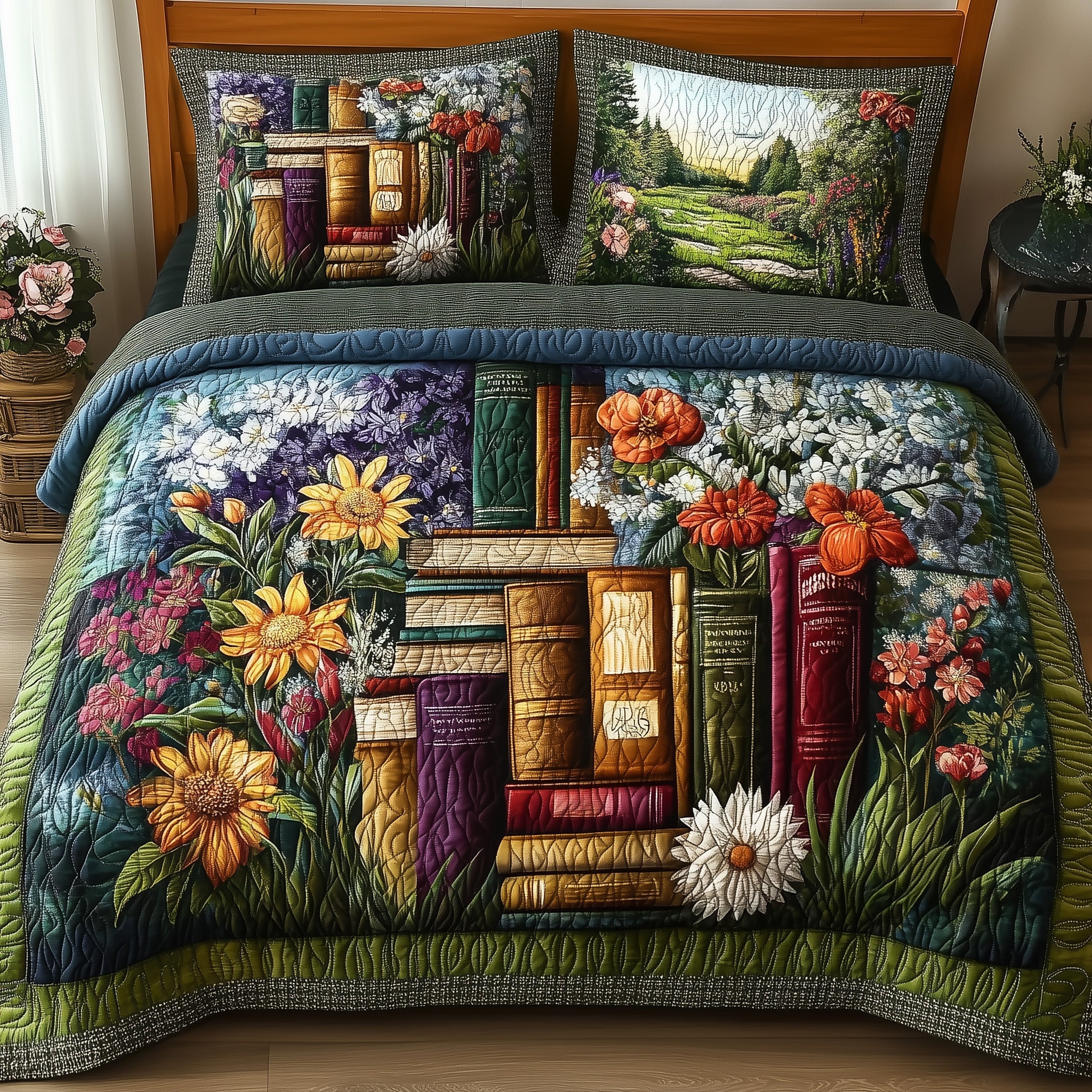 Woodland Retreat Quilted Bedding Set Book And Flowers Decor Reading Bedding Theme Presents