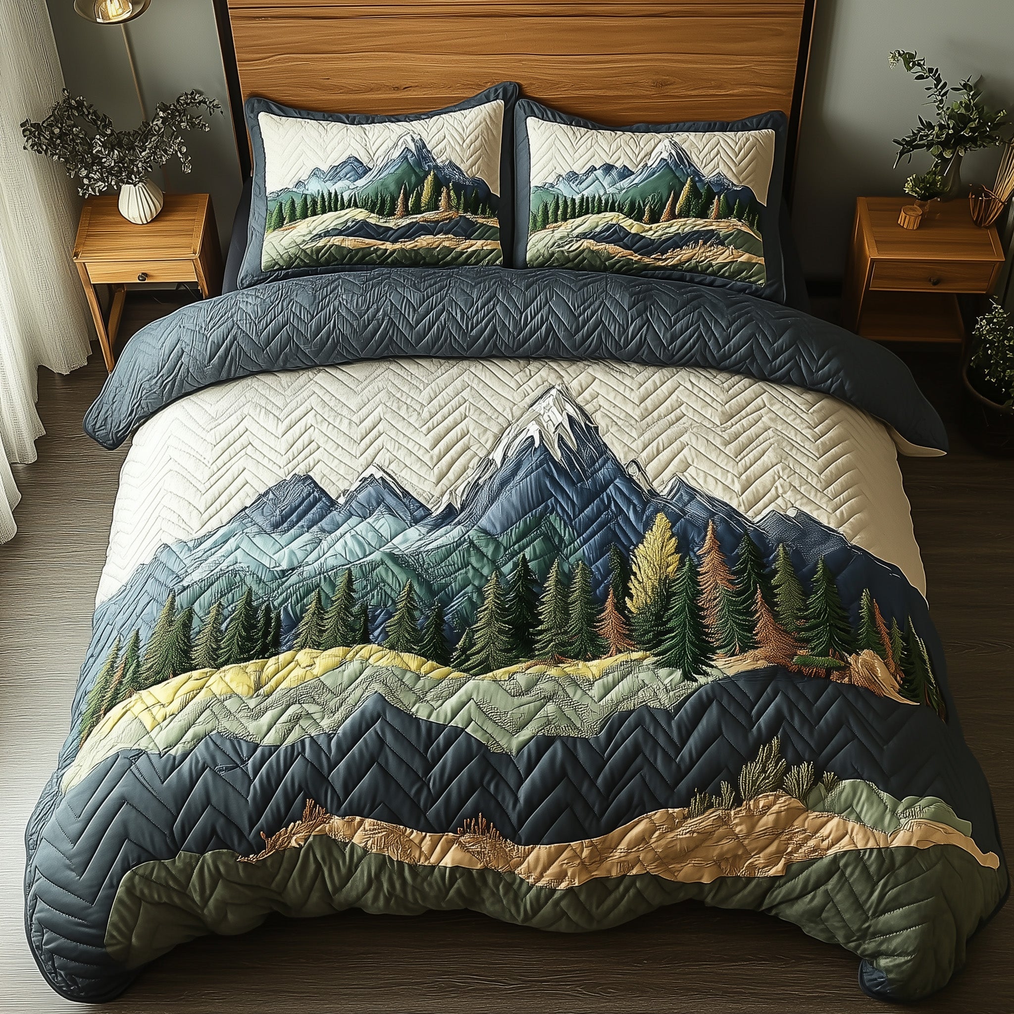 Woodland Retreat Quilted Bedding Set Frosted Woodland Landscape Theme Nature Gift Ideas