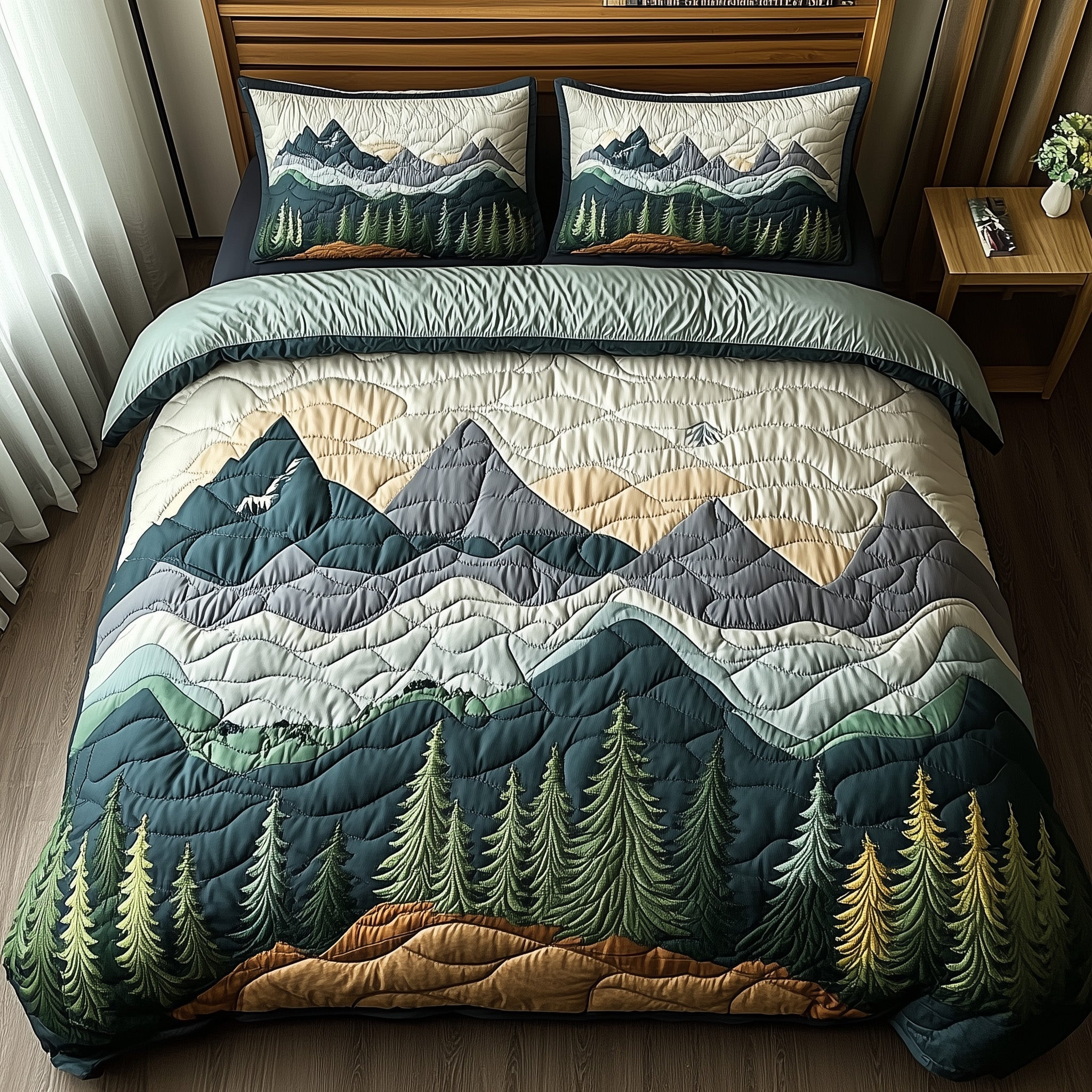 Woodland Retreat Quilted Bedding Set Frosted Woodland Landscape Theme Nature Gifts