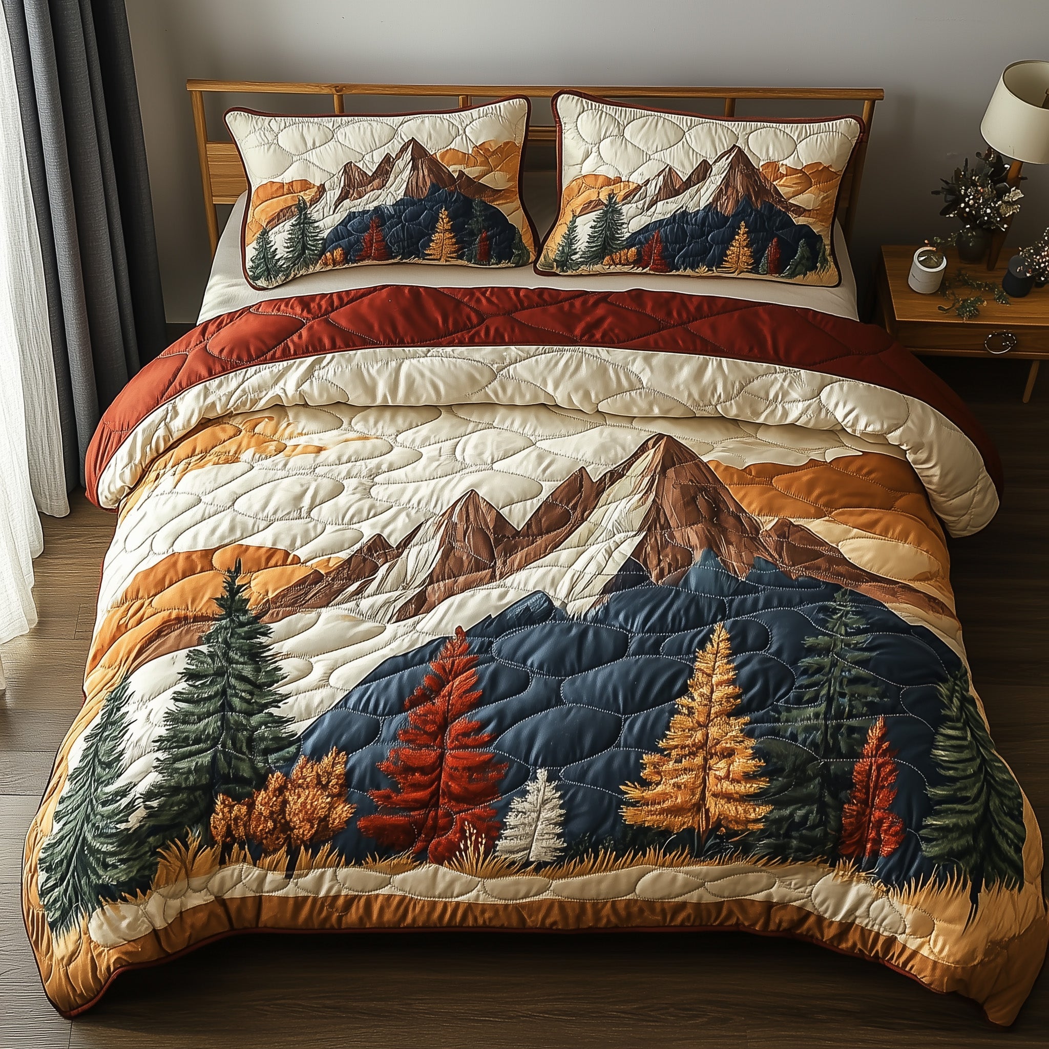 Woodland Retreat Quilted Bedding Set Majestic Pinecone Forest Illustration Nature Gift Ideas