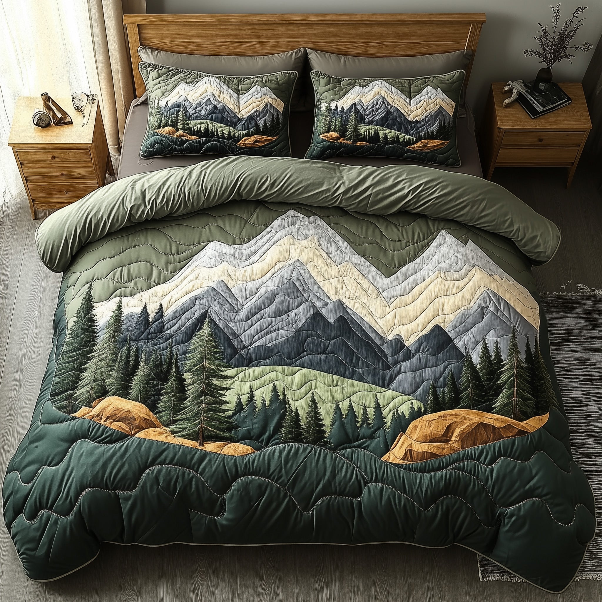 Woodland Retreat Quilted Bedding Set Majestic Pinecone Forest Illustration Nature Presents