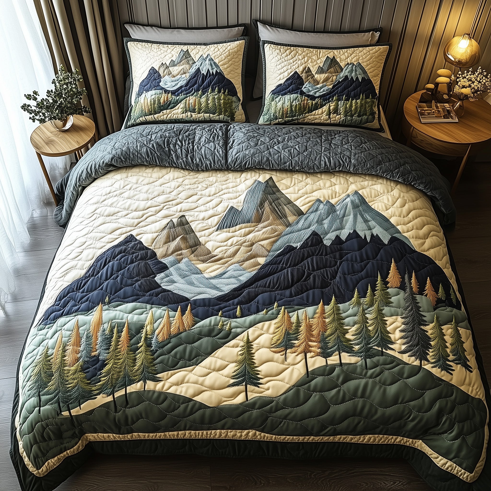 Woodland Retreat Quilted Bedding Set Peaceful Snow Scene Theme Nature Gift Ideas