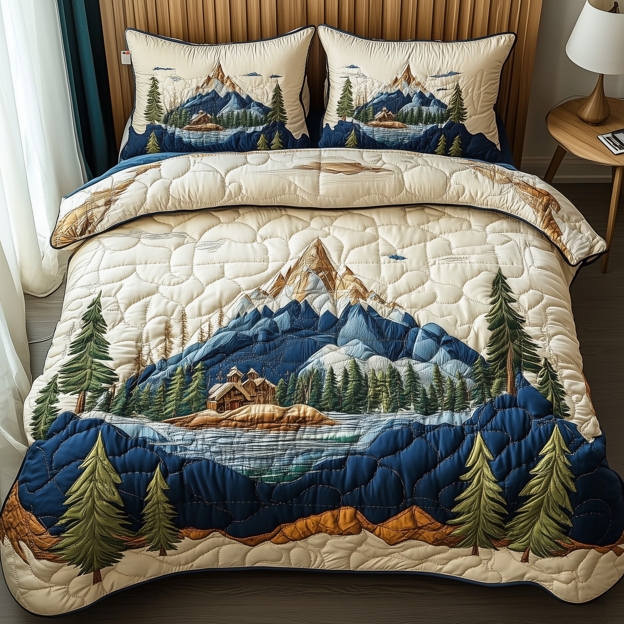 Woodland Retreat Quilted Bedding Set Snowy Forest Scene Best Nature Theme Gifts