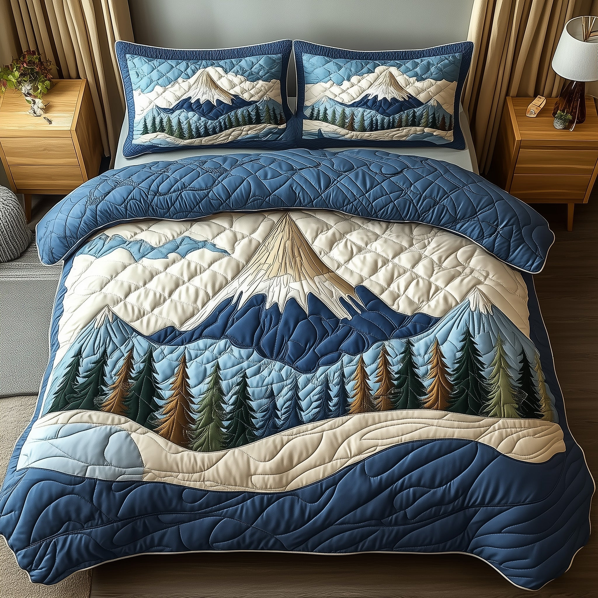 Woodland Retreat Quilted Bedding Set Snowy Pine Forest Illustration Nature Gift Ideas