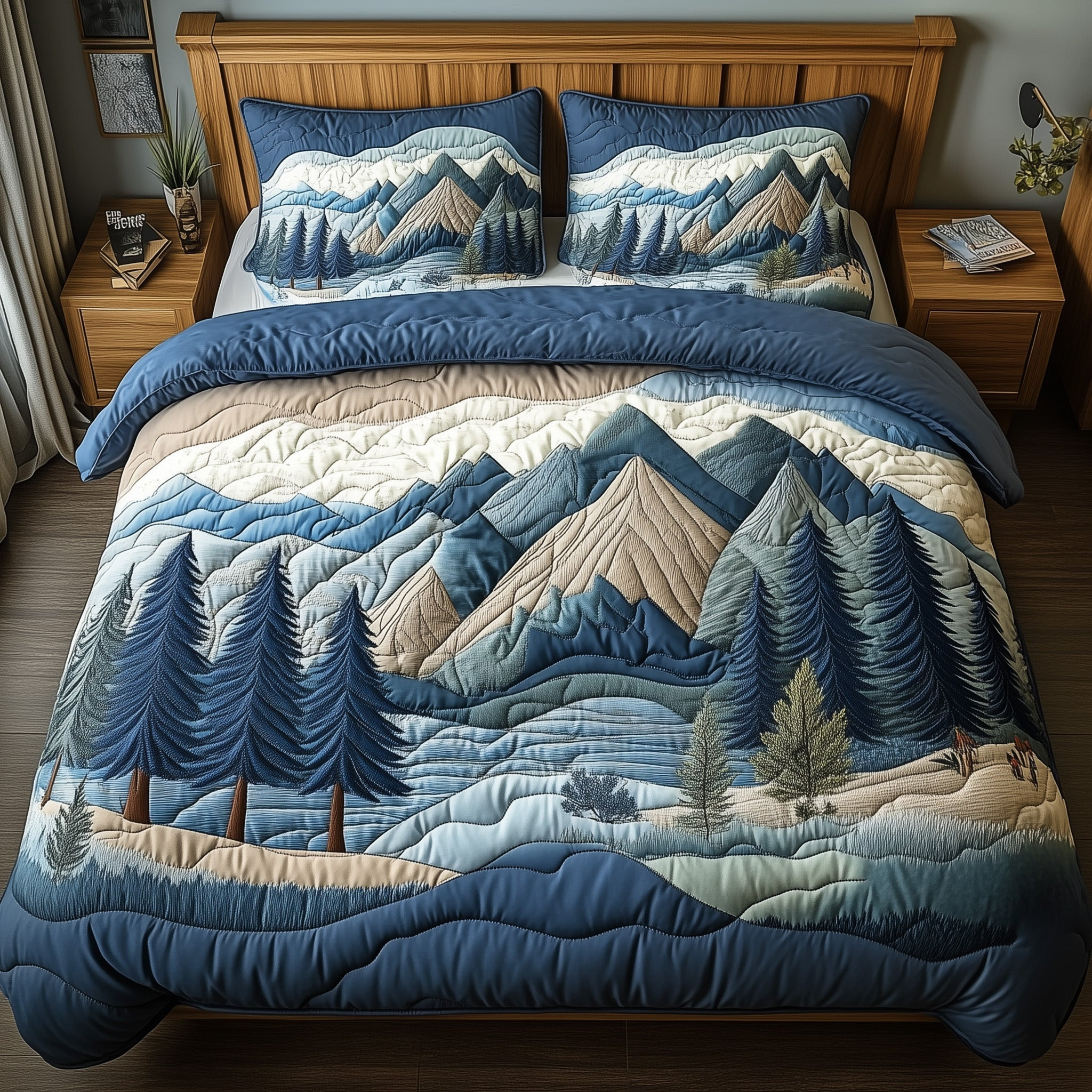 Woodland Retreat Quilted Bedding Set Snowy Pine Forest Illustration Winter Nature Gift Ideas