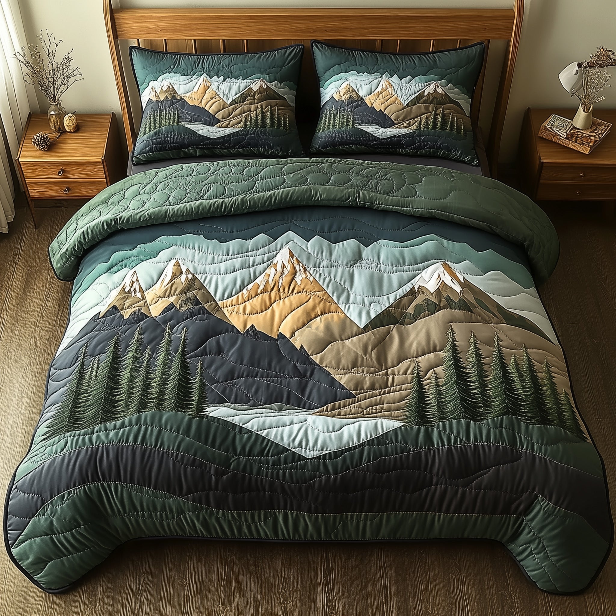 Woodland Retreat Quilted Bedding Set Tranquil Winter Forest Illustration Nature Gift Ideas