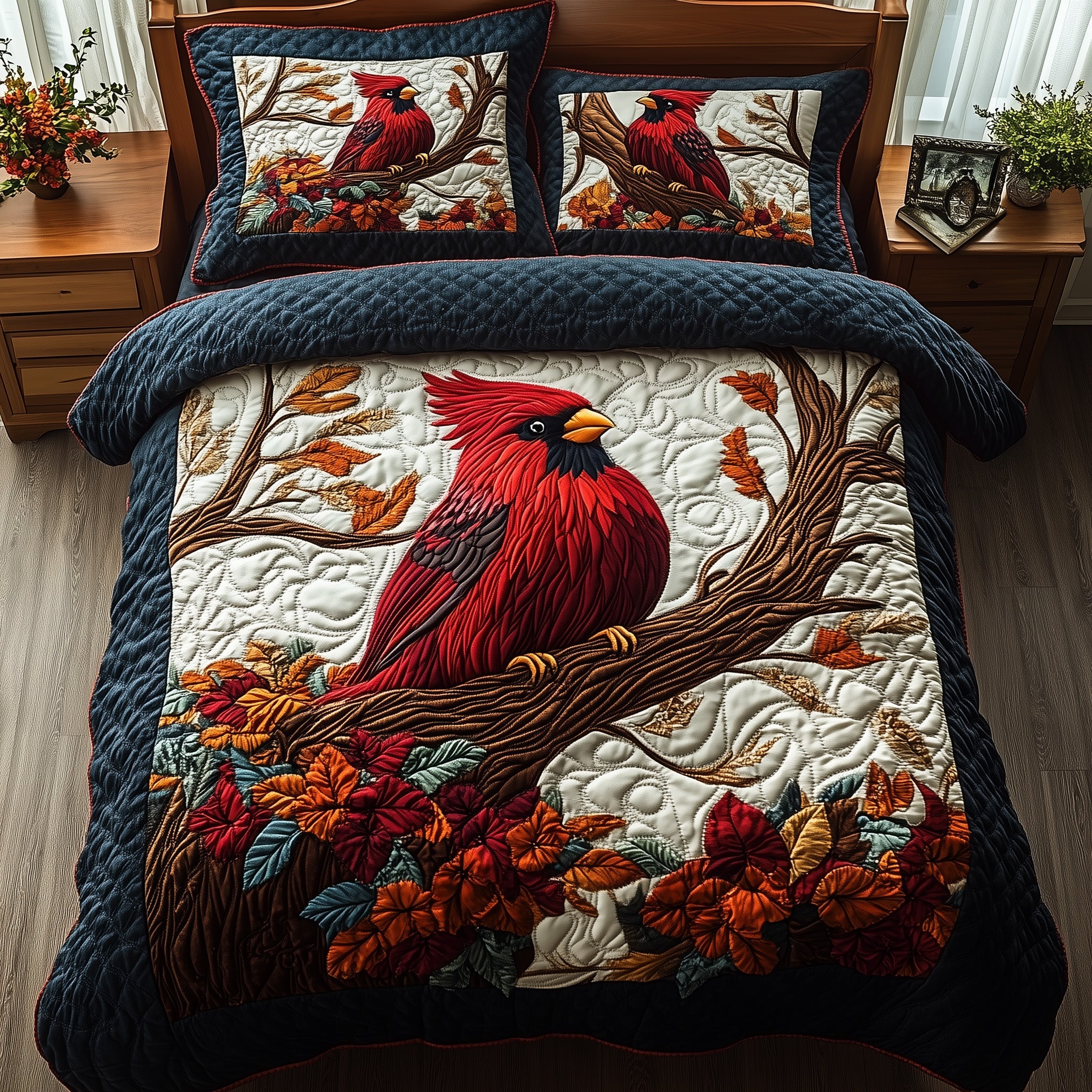 Woodland Serenade Quilted Bedding Set Duvet Cover Bedspread Cardinal Bird Gifts Christmas