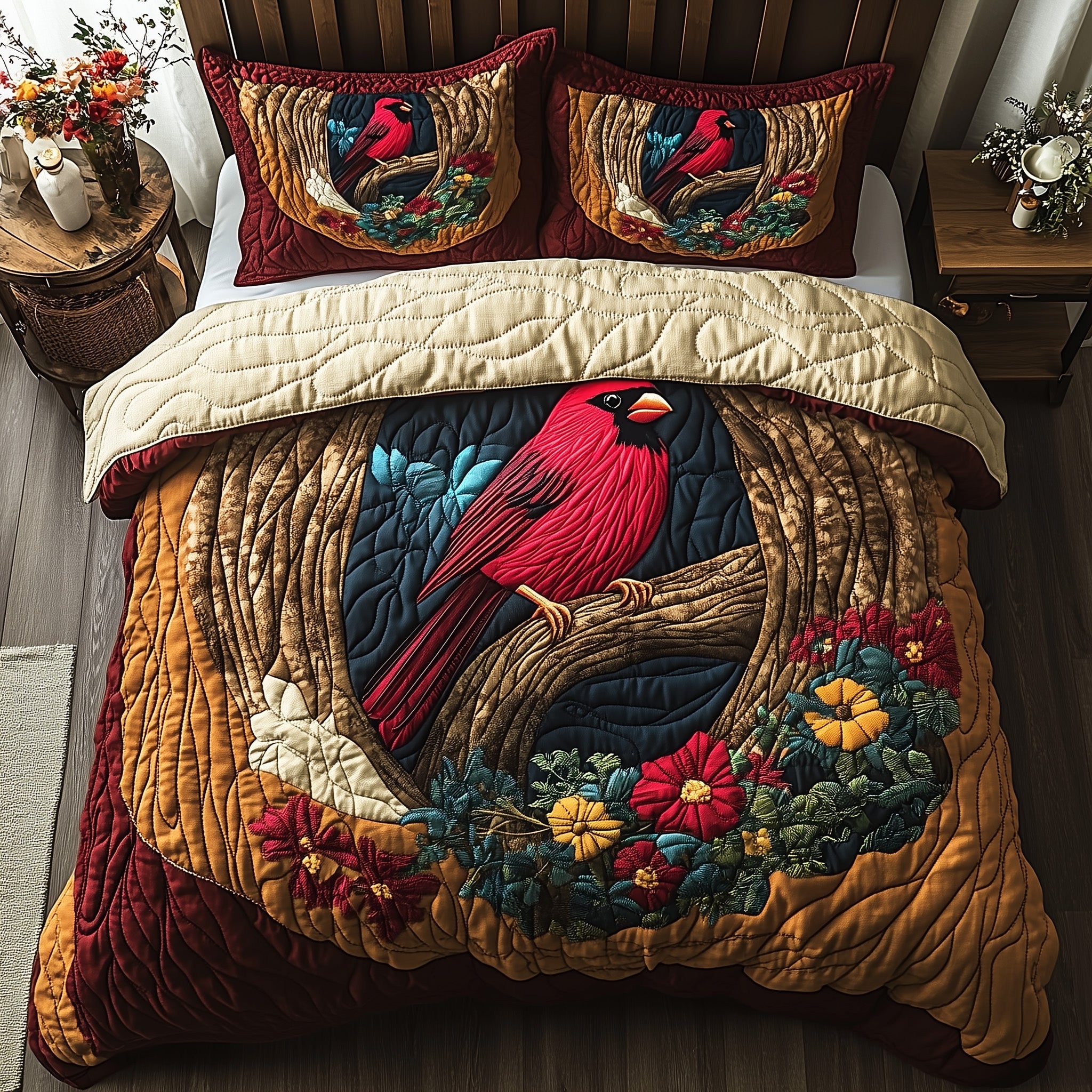 Woodland Serenade Quilted Bedding Set Duvet Cover Bedspread Cardinal Gifts For Friend