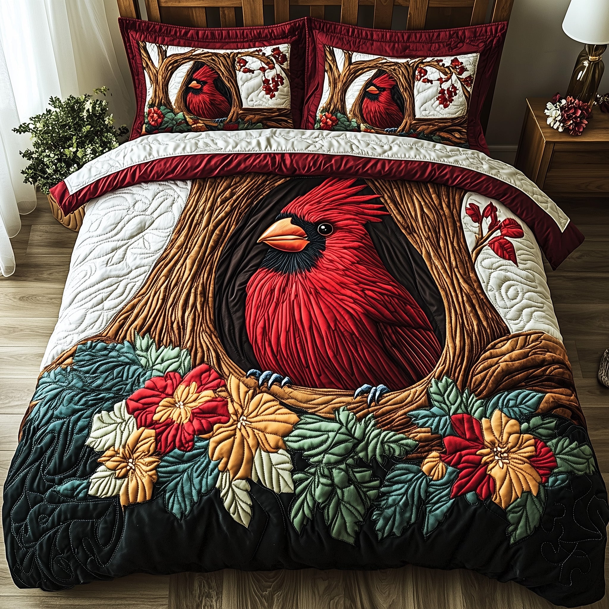 Woodland Serenade Quilted Bedding Set Duvet Cover Bedspread Red Cardinal Gifts Ideas
