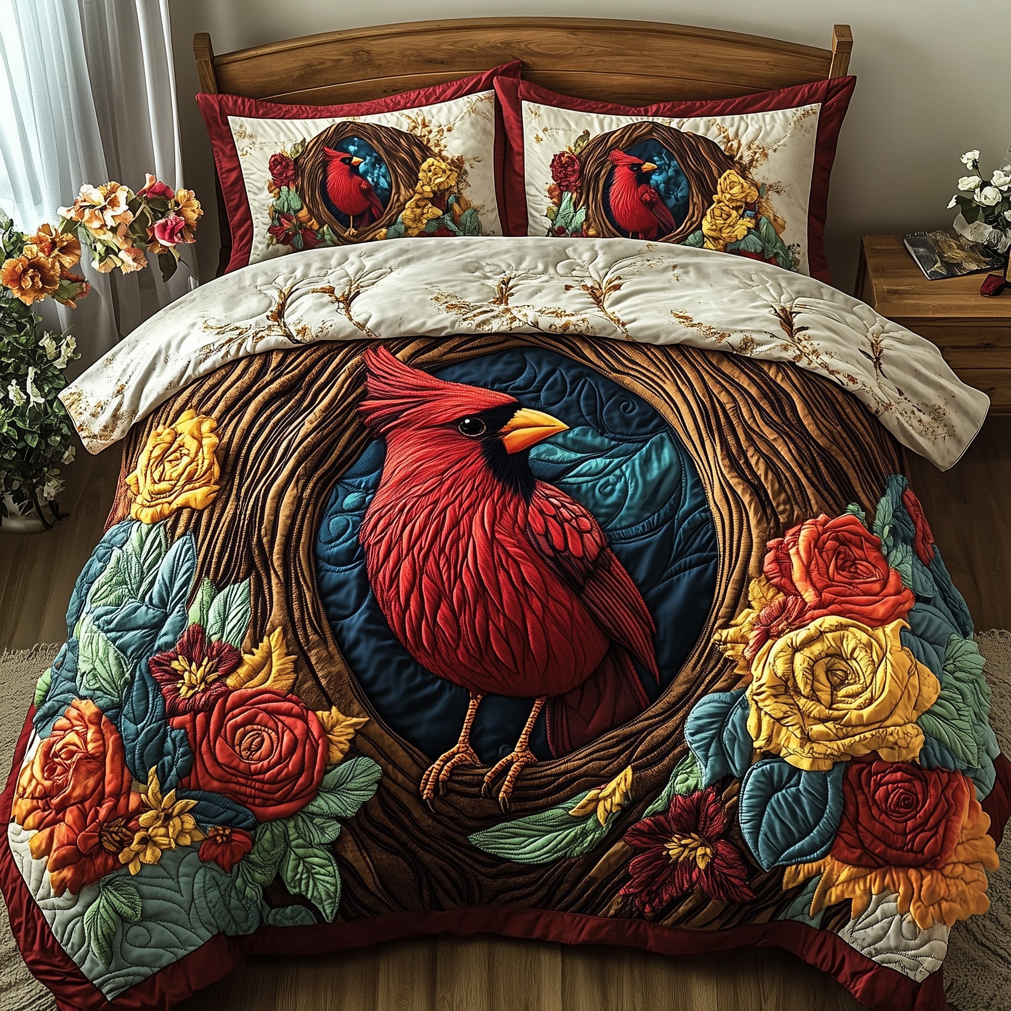 Woodland Serenade Quilted Bedding Set Duvet Cover Bedspread Red Cardinal Memorial Gift