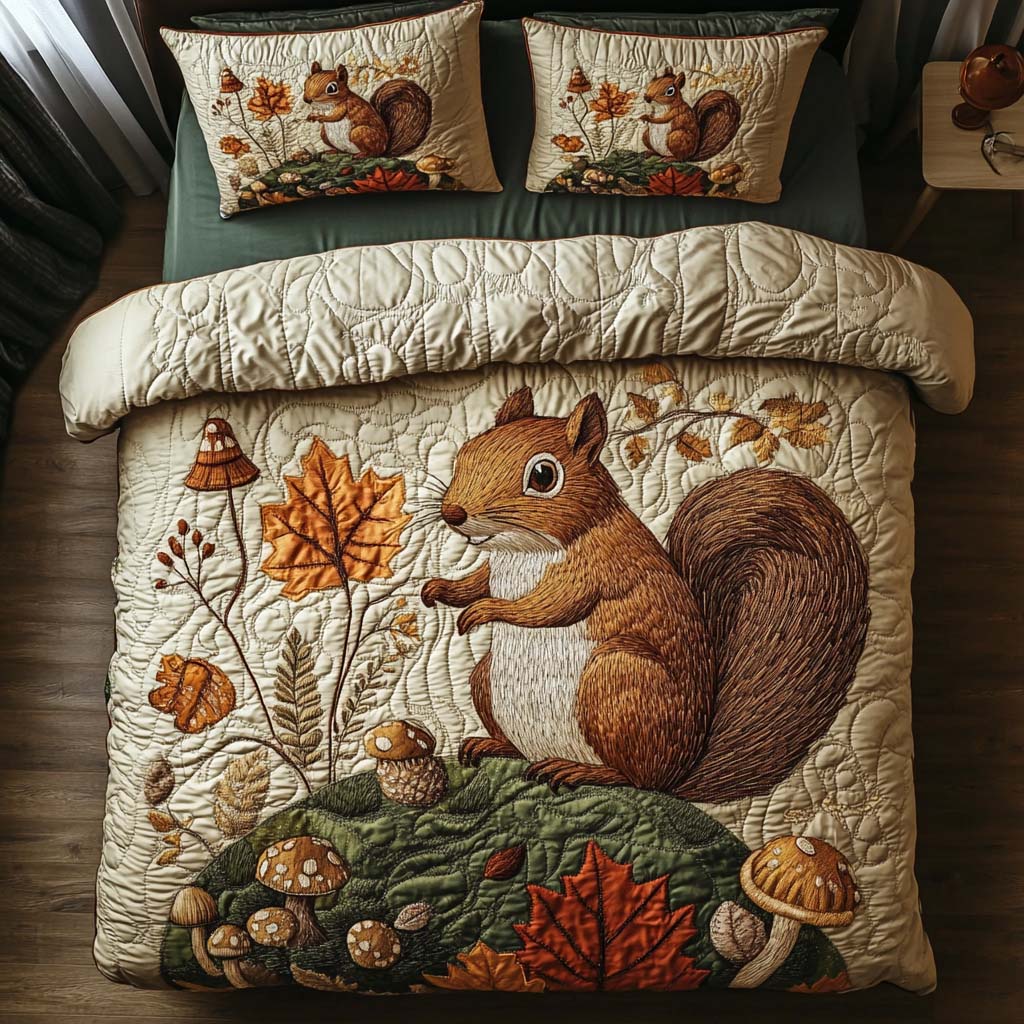 Woodland Squirrel Quilted Bedding Set Autumn Themed Bed Sheets Gift For Animal Lover
