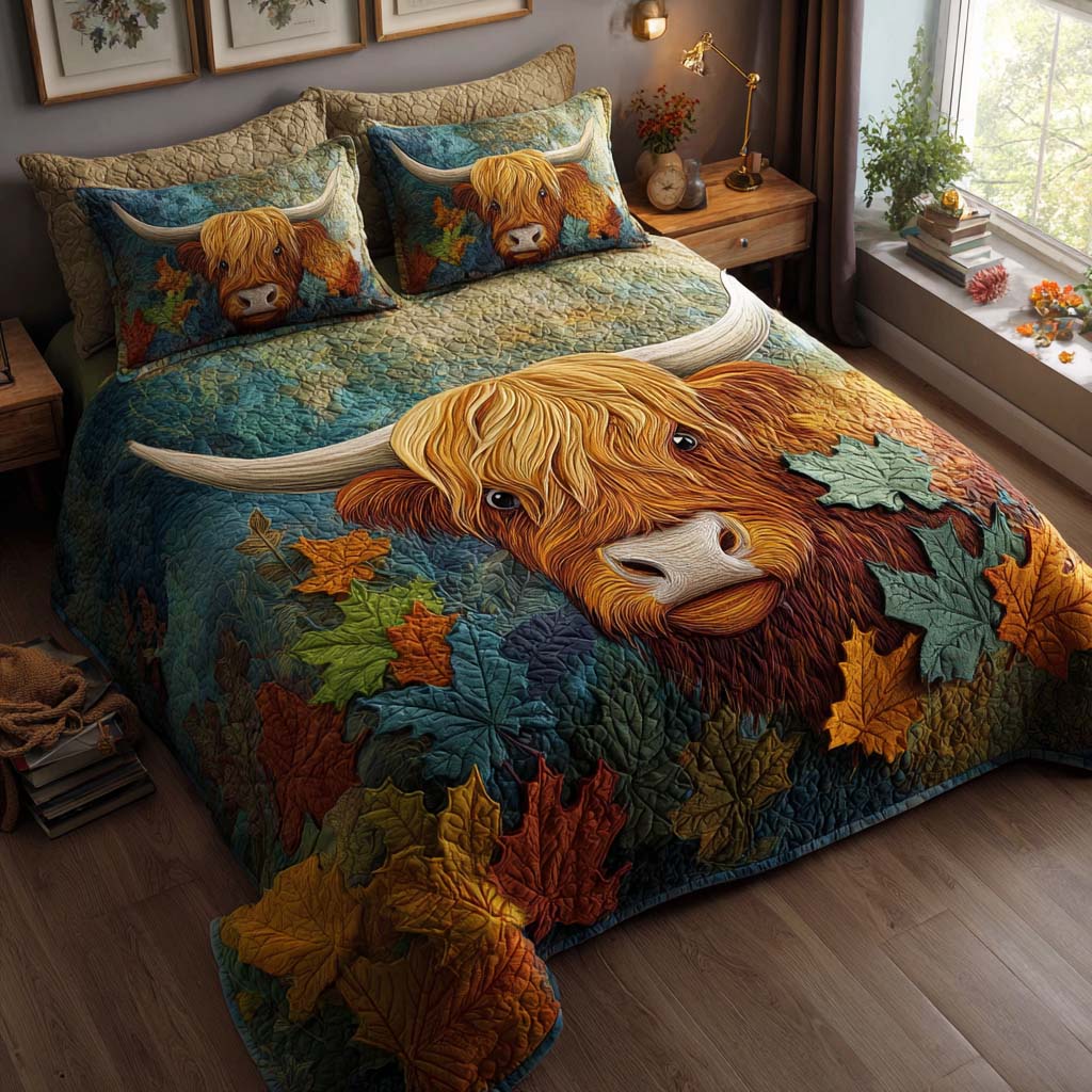 Woodland Stroll Quilted Bedding Set Autumn Sheet Set Gifts For Highland Cow Lovers