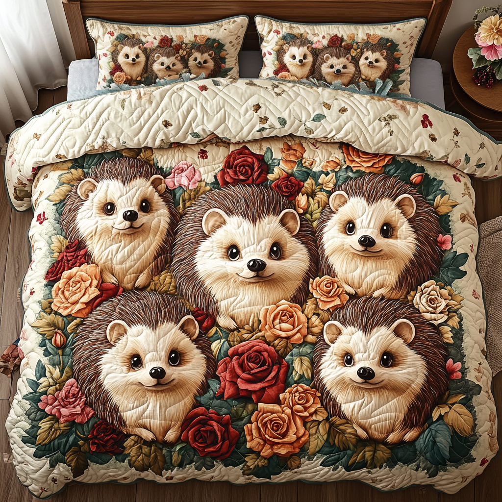 Woodland Wanderer Quilted Bedding Set Bedroom Decorations Gift For Hedgehog Owner
