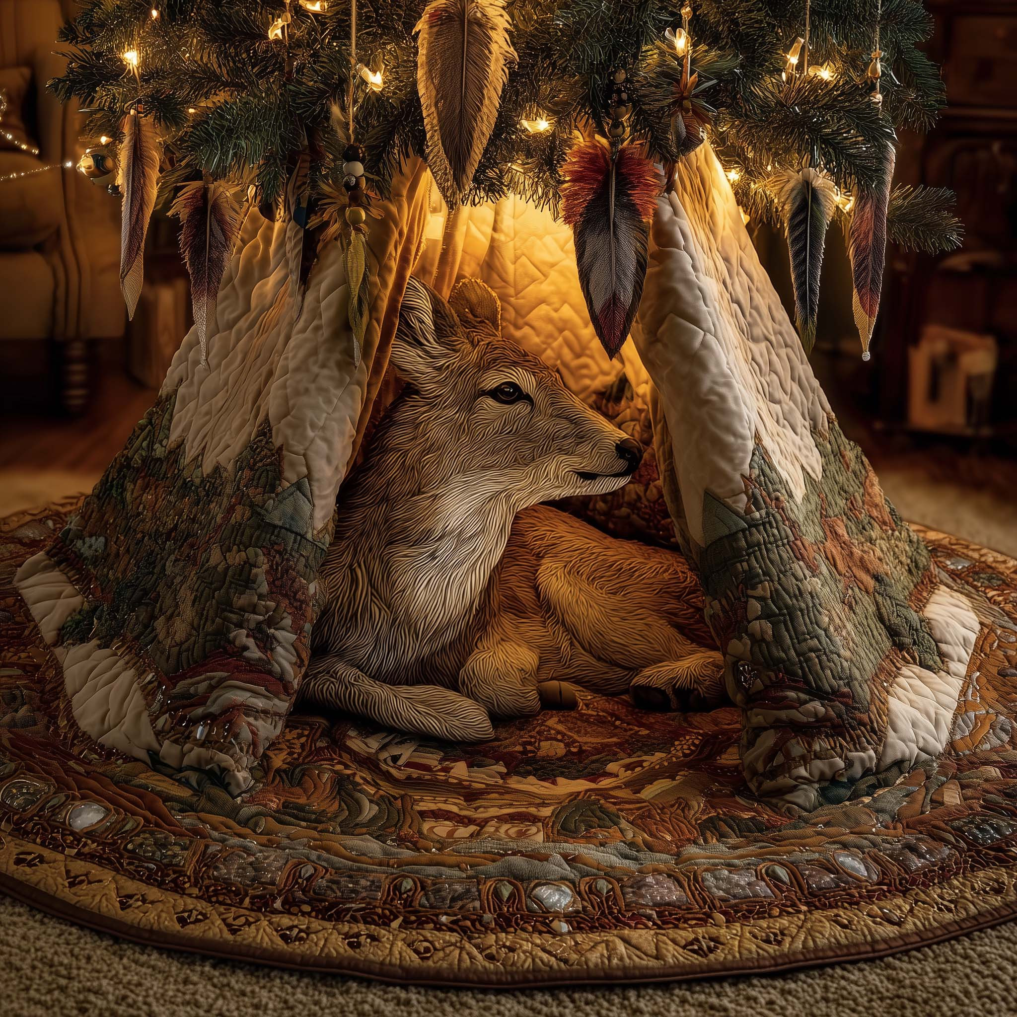 Woodland Whispers Quilted Tree Skirt Tribal Themed Indoor Christmas Decorations Best Xmas Gifts