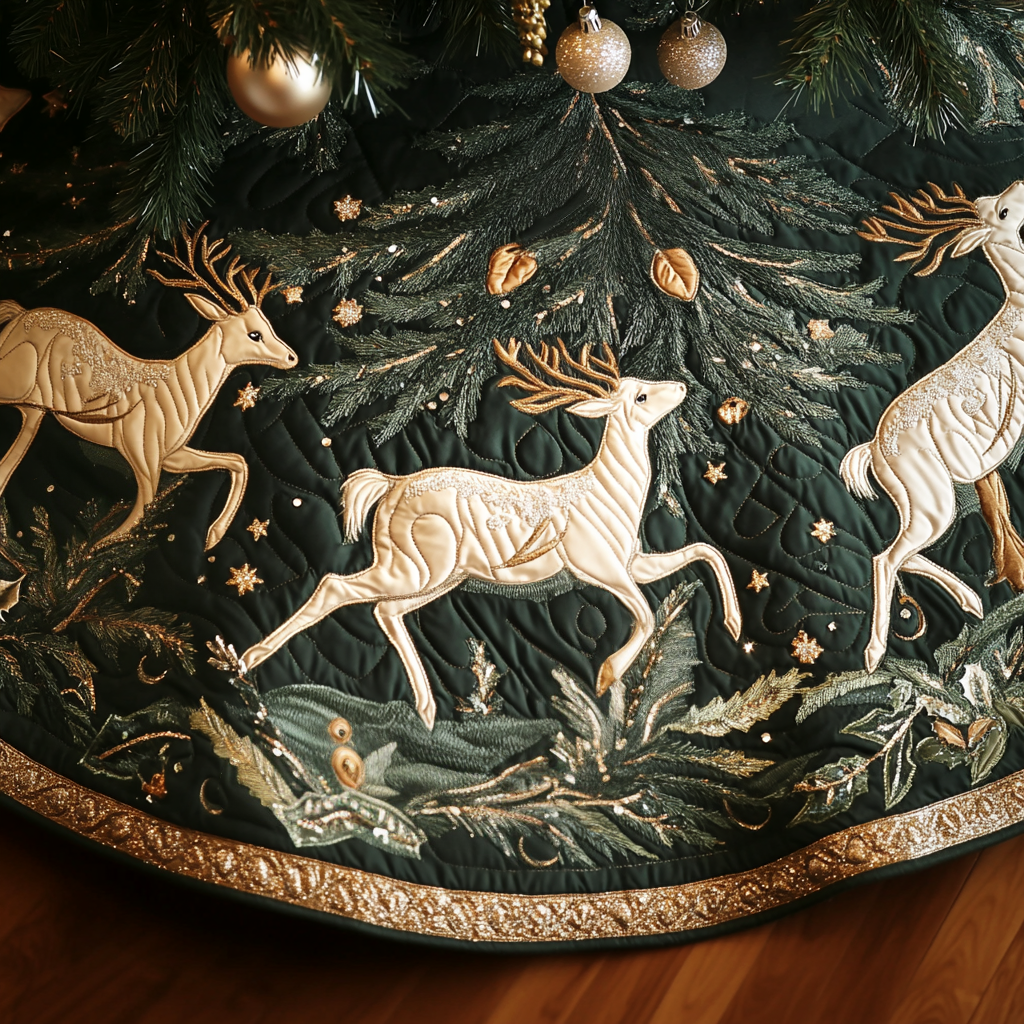 Woodland Wonder Quilted Christmas Tree Skirt Popular Gift Merch for Christmas Enthusiasts