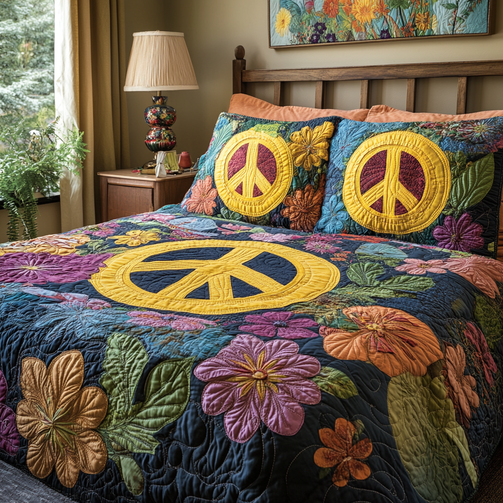 Woodstock Bloom Quilted Bedding Set Aesthetic Room Decor Birthday Presents For Hippies