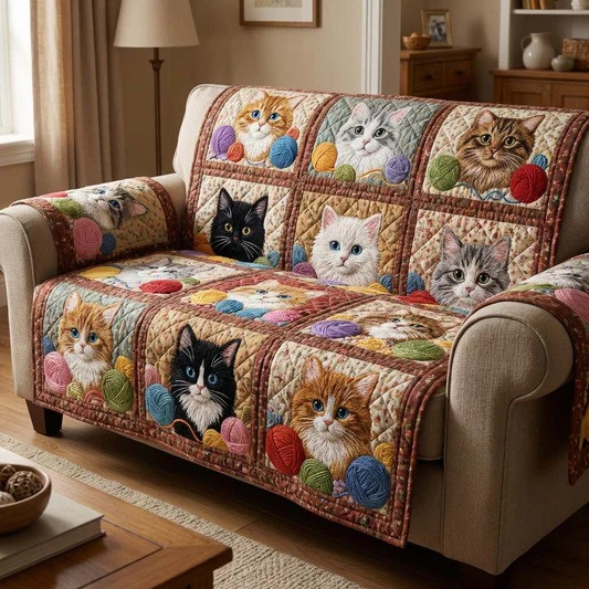 Woolen Cat Dream Quilted Sofa Cover Cat Lover Home Decor Gift For Cozy Living Room