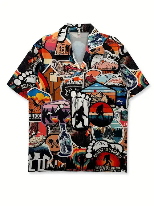 World Travel Hawaiian Shirt Bigfoot Camping Patchwork Shirt Bigfoot Lover Gifts