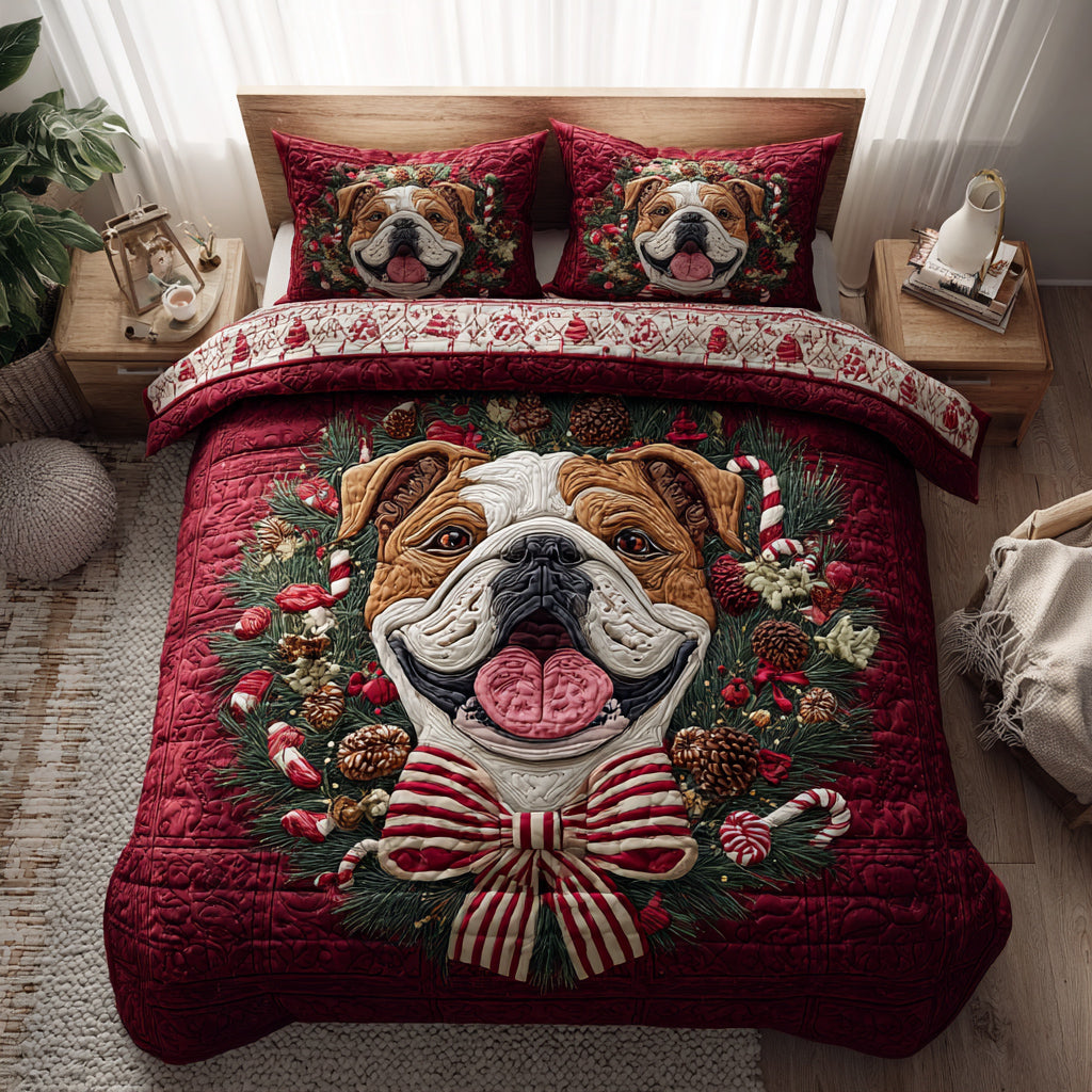 Wreath Bulldog Joy Quilted Bedding Set Christmas Bed Sheets Bulldog Lover Gifts