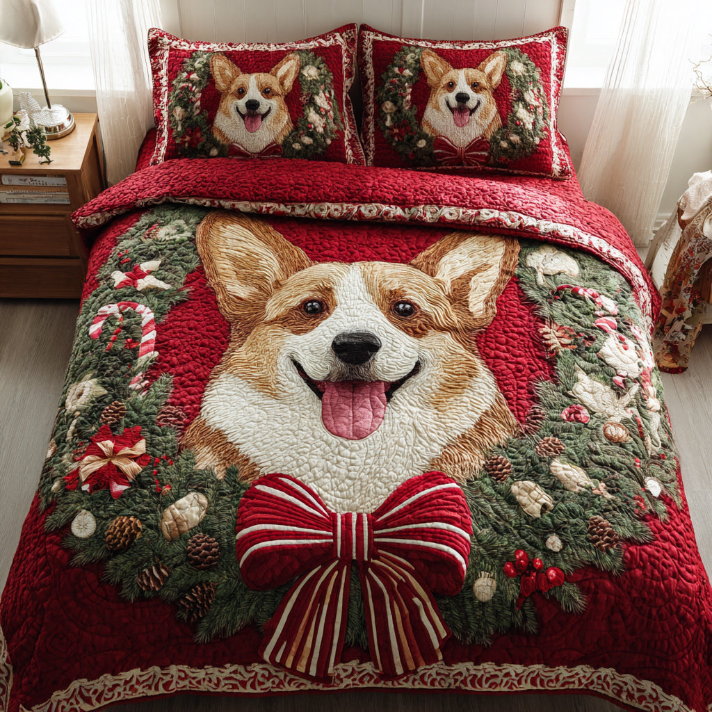 Wreath Corgi Cheer Quilted Bedding Set Best Christmas Duvet Cover Set Gifts With Corgis On Them