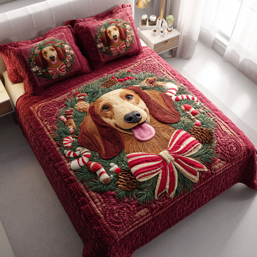 Wreath Dachshund Joy Quilted Bedding Set Christmas Bedding Duvet Cover Dachshund Gifts For Dog Lovers