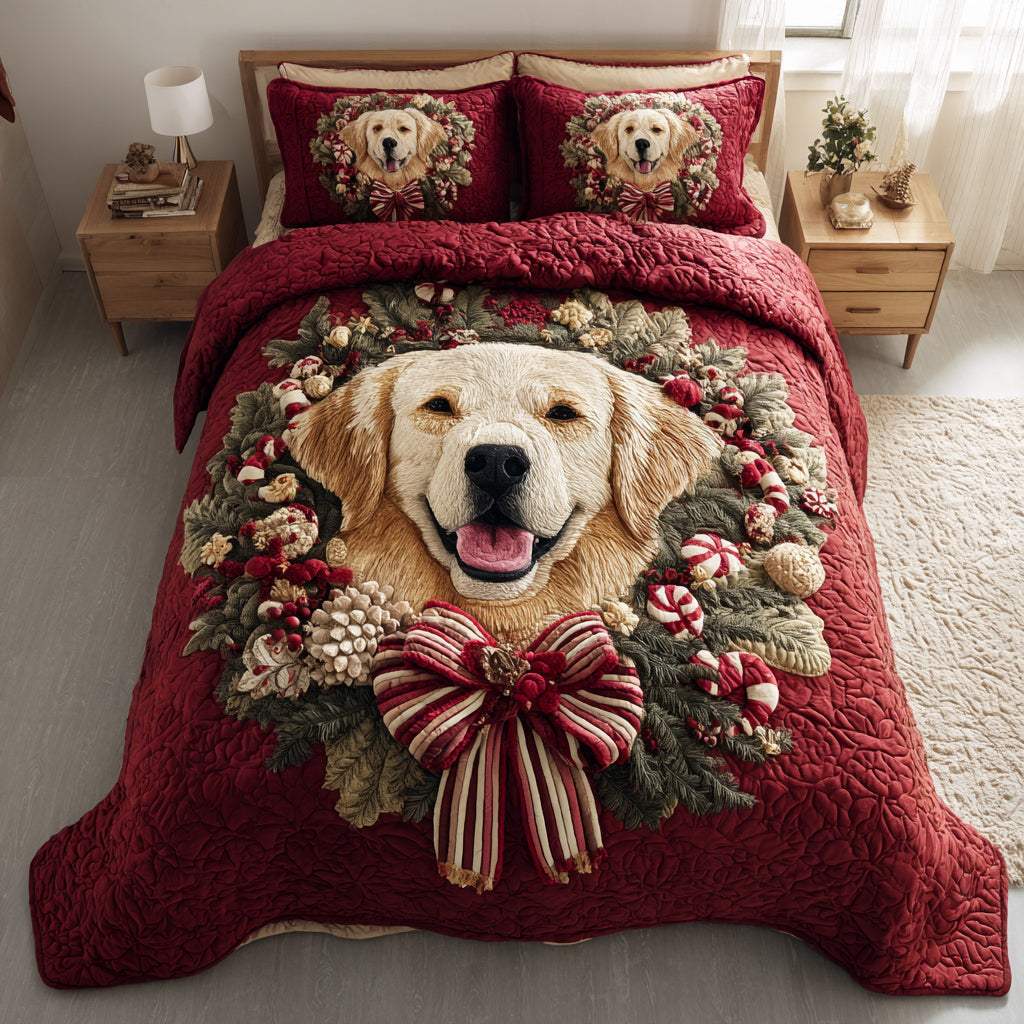 Wreath Golden Retriever Quilted Bedding Set Soft and Cozy Bedding Set for Comfortable Sleep