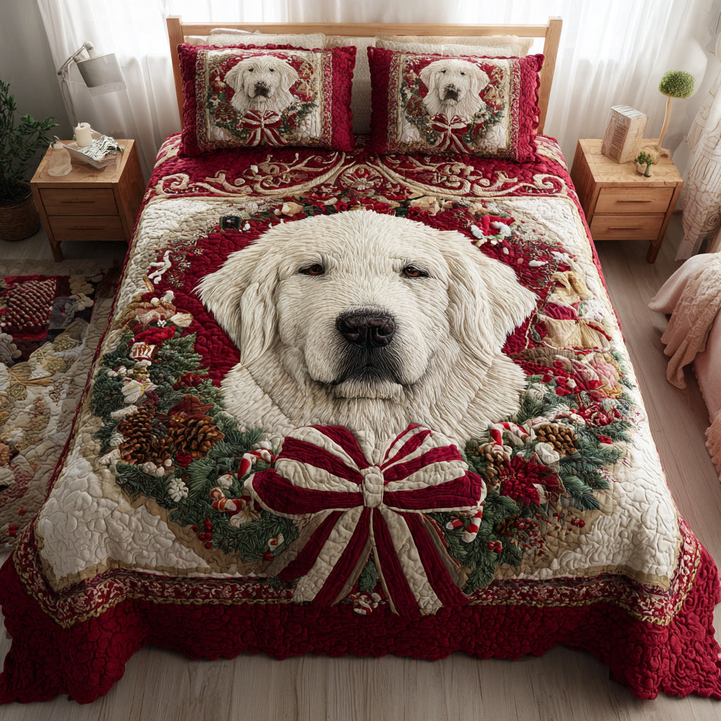 Wreath Great Pyrenees Quilted Bedding Set Holiday Duvet Cover Set Xmas Presents For Dog Lovers