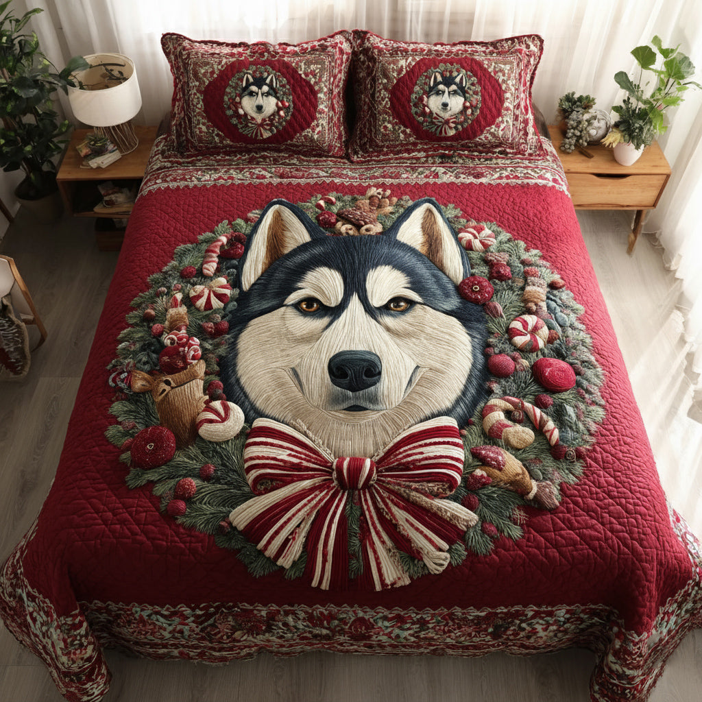Wreath Husky Wonder Quilted Bedding Set Holiday Season Duvet Cover Set Christmas Gifts For Husky lover