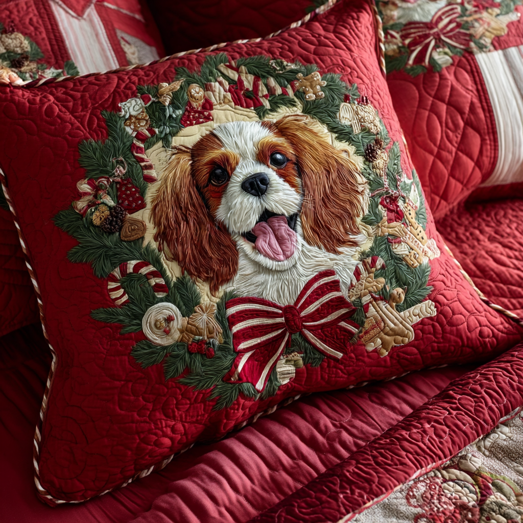 Wreath King Charles Quilted Pillow Case Winter Throw Pillow Covers Doggy Presents For Christmas
