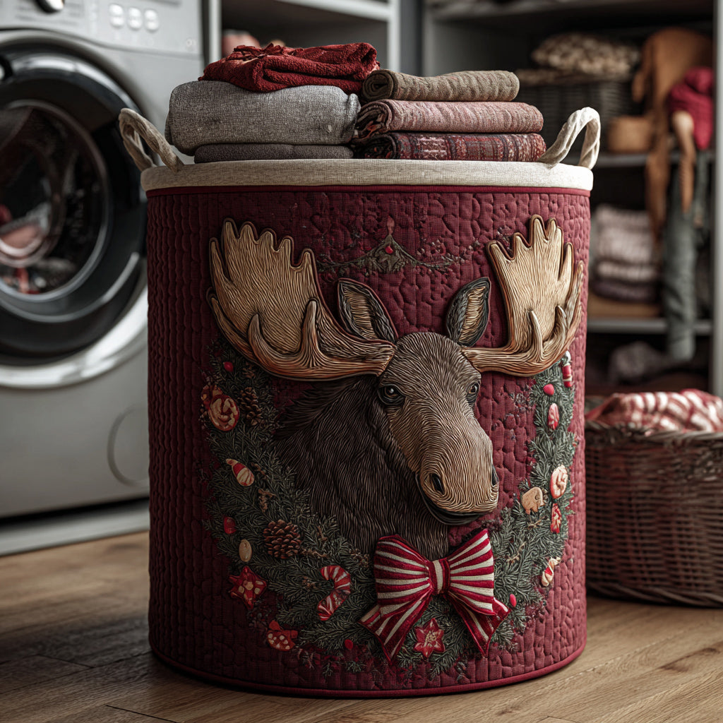 Wreath Moose Quilted Laundry Basket Decorative Quilted Laundry Basket for Neat Spaces