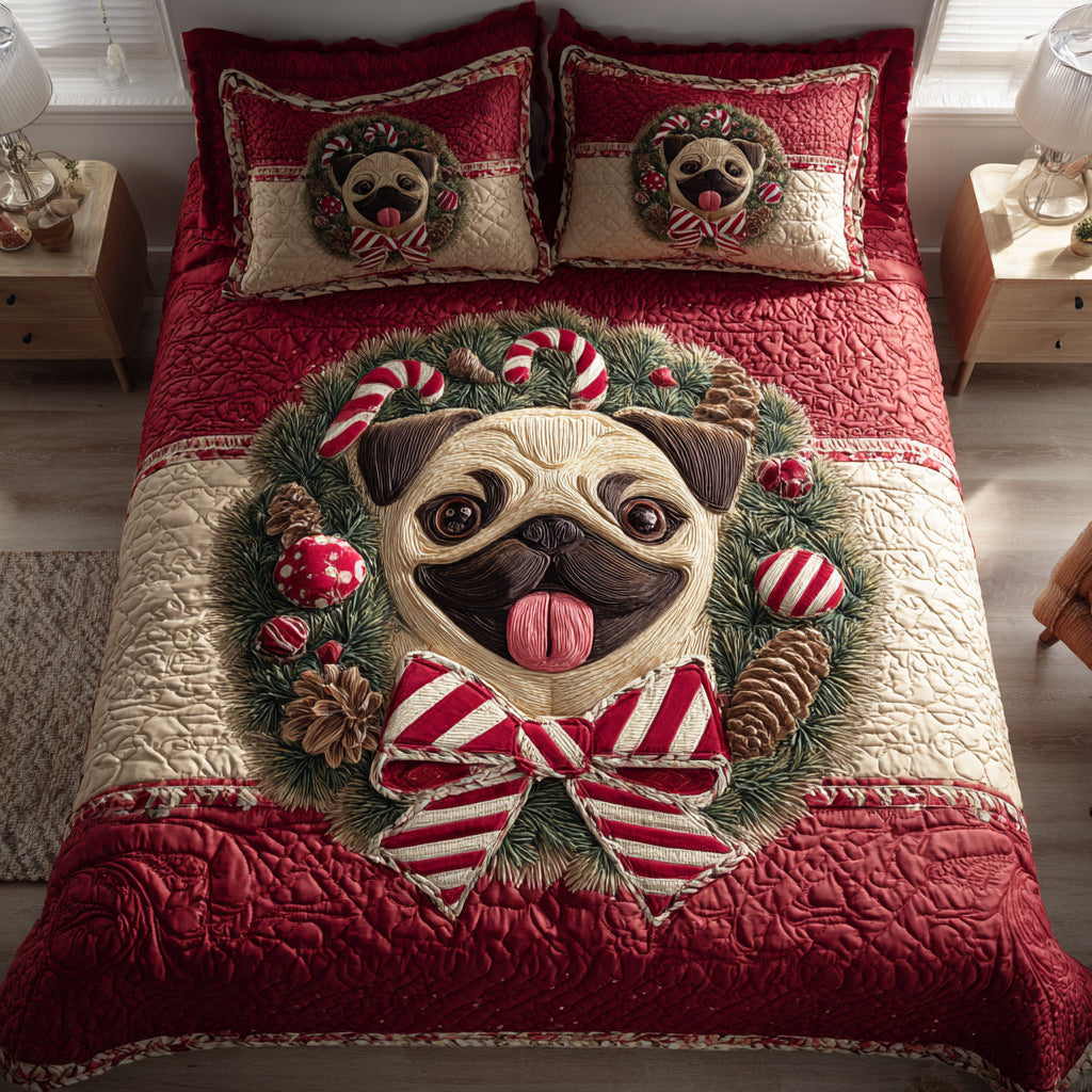 Wreath Pug Joy Quilted Bedding Set Christmas Duvet Cover Gift Ideas For Pug Lovers