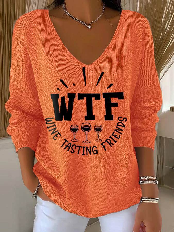 WTF Wine Tasting Friends V-Neck Long Sleeve Turkey Day Apparel Gratitude Presents For Her