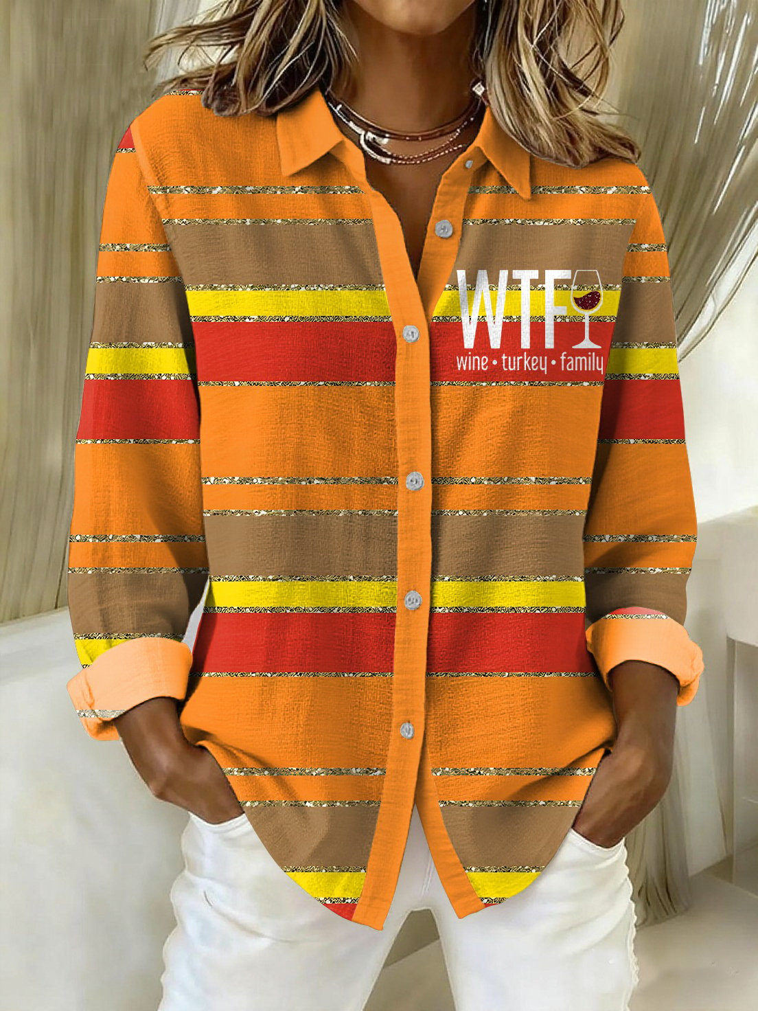 WTF Wine Turkey Family Button Long Sleeve Family Feast Apparel Unique Ideal Presents