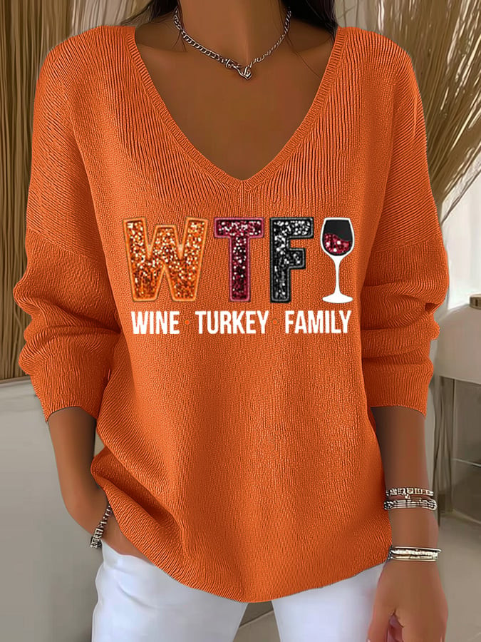 WTF Wine Turkey Family V-Neck Long Sleeve Blessed And Grateful Apparel Presents For Friends