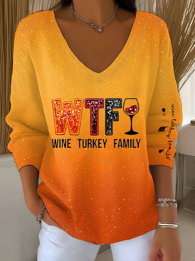 WTF Wine Turkey Family V-Neck Long Sleeve Family Feast Clothing Unique Family Presents