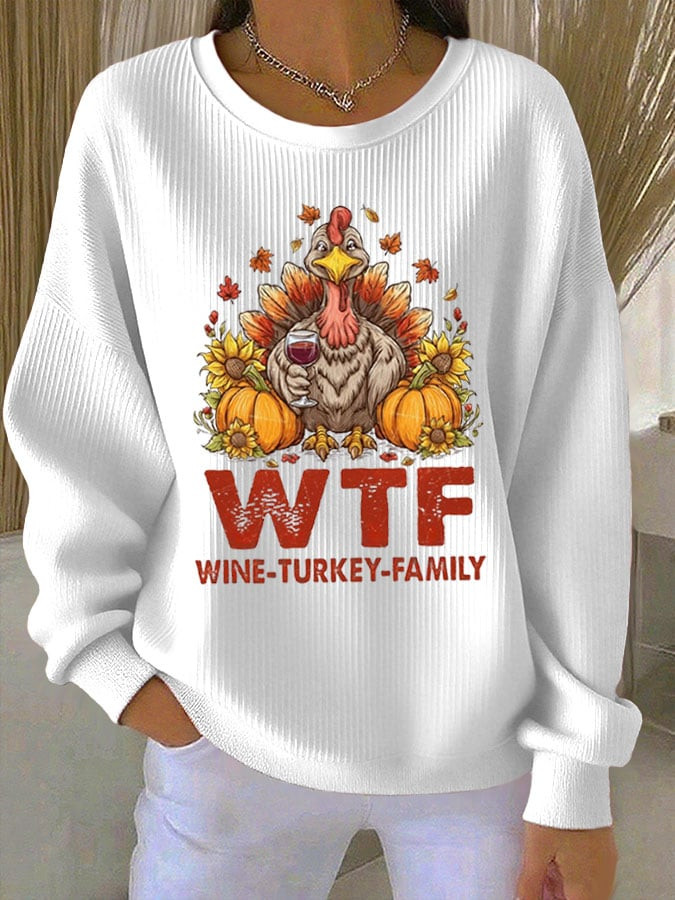 WTF Wine Turkey Family V-Neck Long Sleeve Happy Thanksgiving Apparel Presents For Her