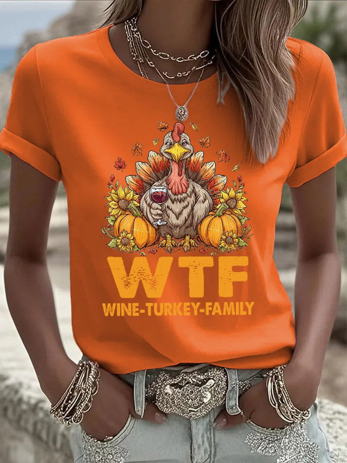 WTF Wine Turkey Football T-Shirt Fall Aesthetic Apparel Thanksgiving Presents For Her