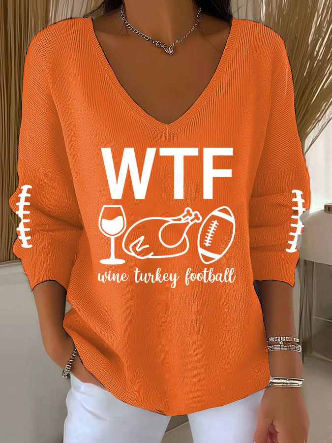 WTF Wine Turkey Football V-Neck Long Sleeve Falling For Fall Merch Great Thanksgiving Gifts