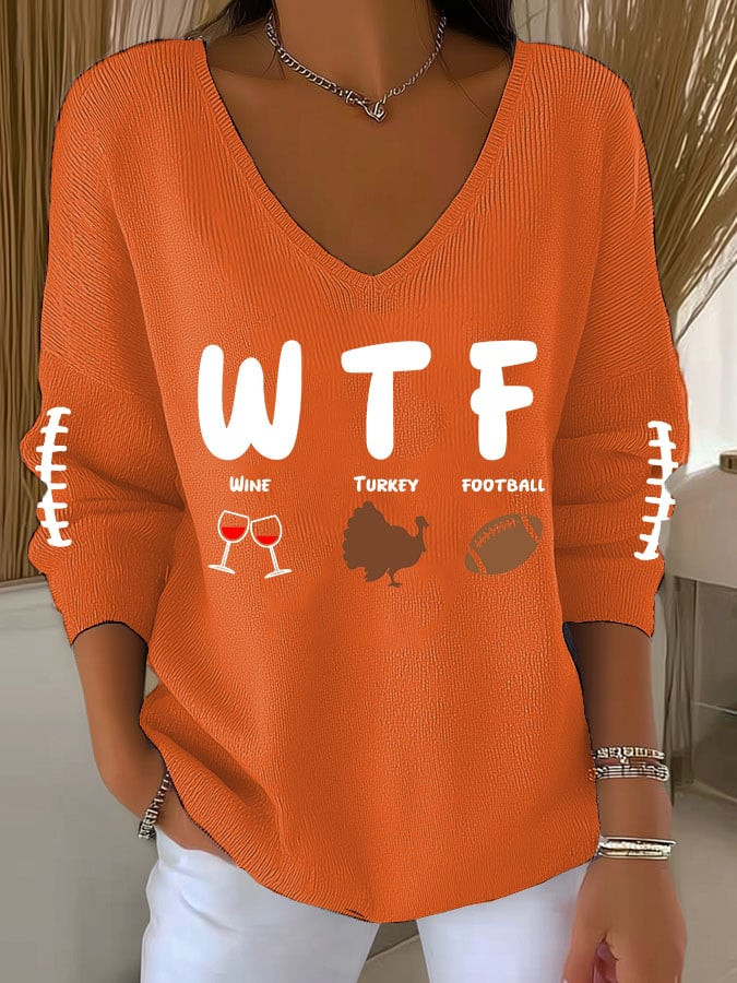 WTF Wine Turkey Football V-Neck Long Sleeve Shirt Happy Thanksgiving Funny Clothing Ideal Gifts