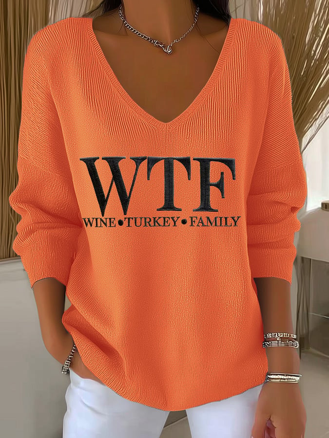 WTF Wine Turkey Football V-Neck Long Sleeve Shirt Harvest Season Clothing Thanksgiving Gifts