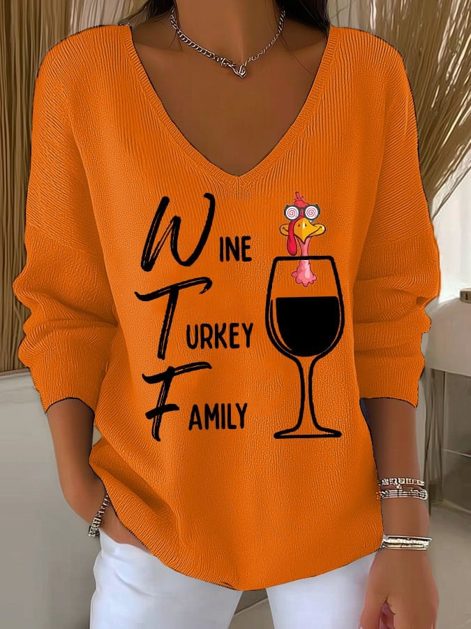 WTF Wine Turkey Football V-Neck Long Sleeve Shirt Pumpkin Season Clothing Thanksgiving Gifts