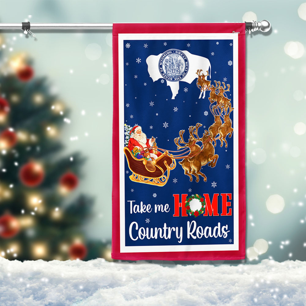 Wyoming Take Me Home Country Roads Christmas Santa Claus Flag