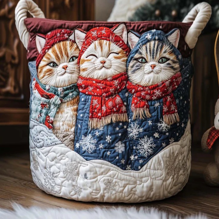 Xmas Cozy Cat Quilted Laundry Basket Christmas Holiday Cat Boho Home Decor Gift For Cat Mom