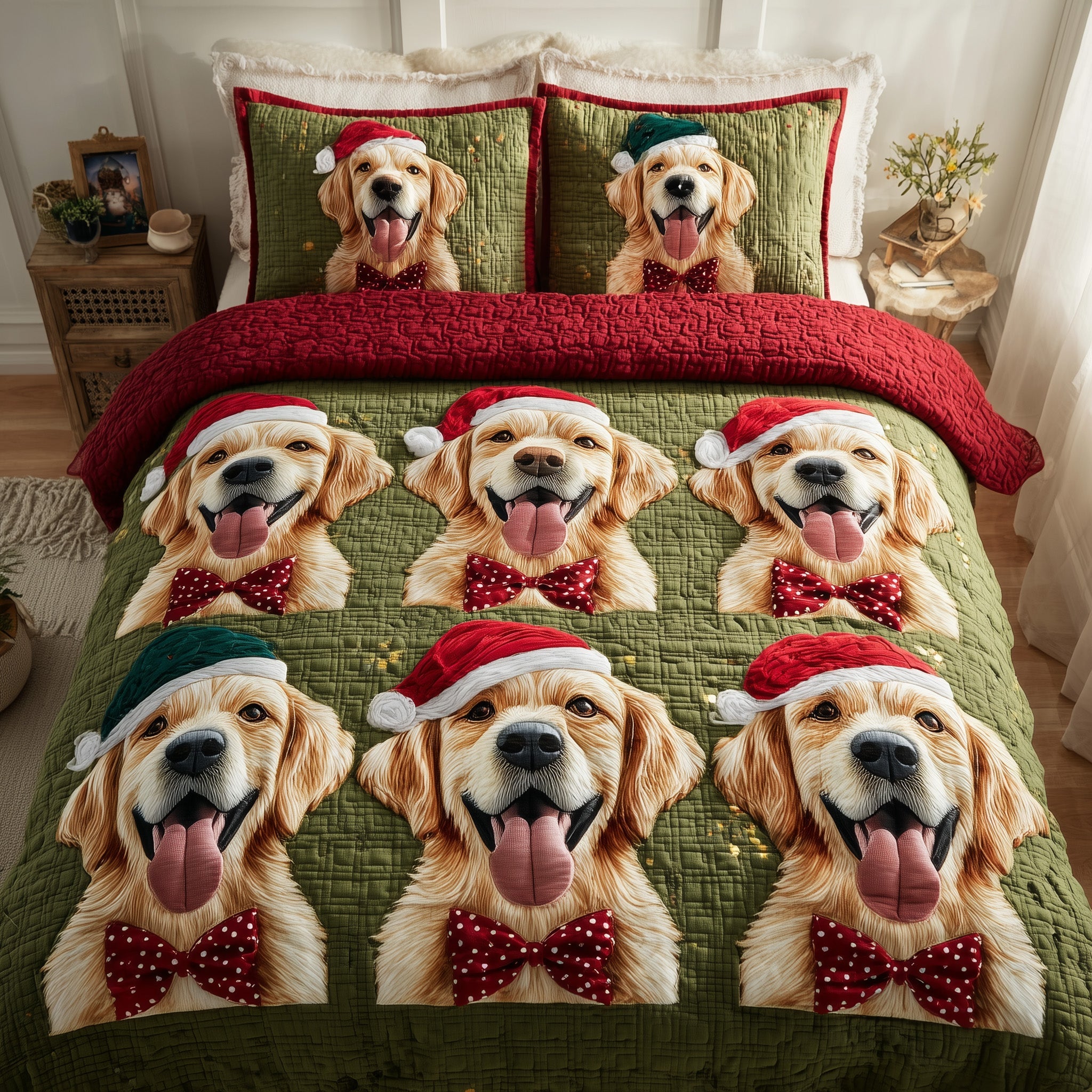 Xmas Golden Retriever Quilted Bedding Set Hypoallergenic