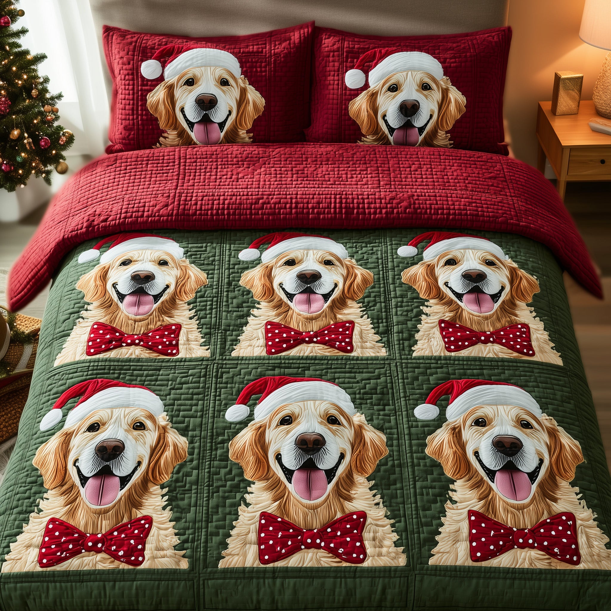 Xmas Golden Retriever Quilted Bedding Set Microfiber