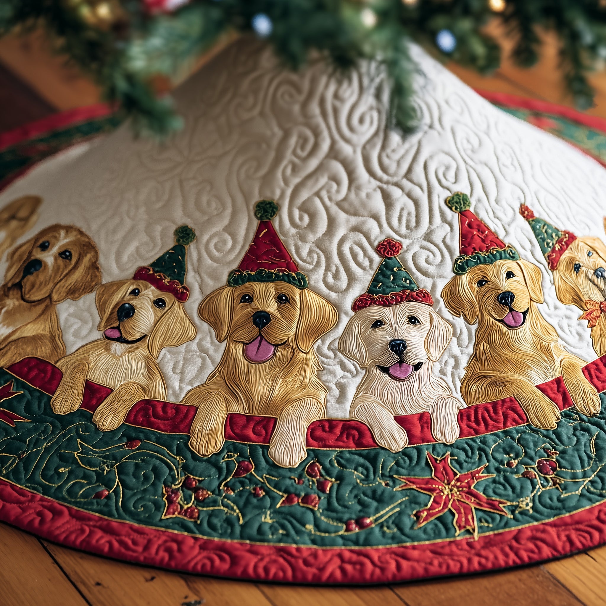 Xmas Golden Retriever Quilted Tree Skirt Beautiful Christmas Home Merch
