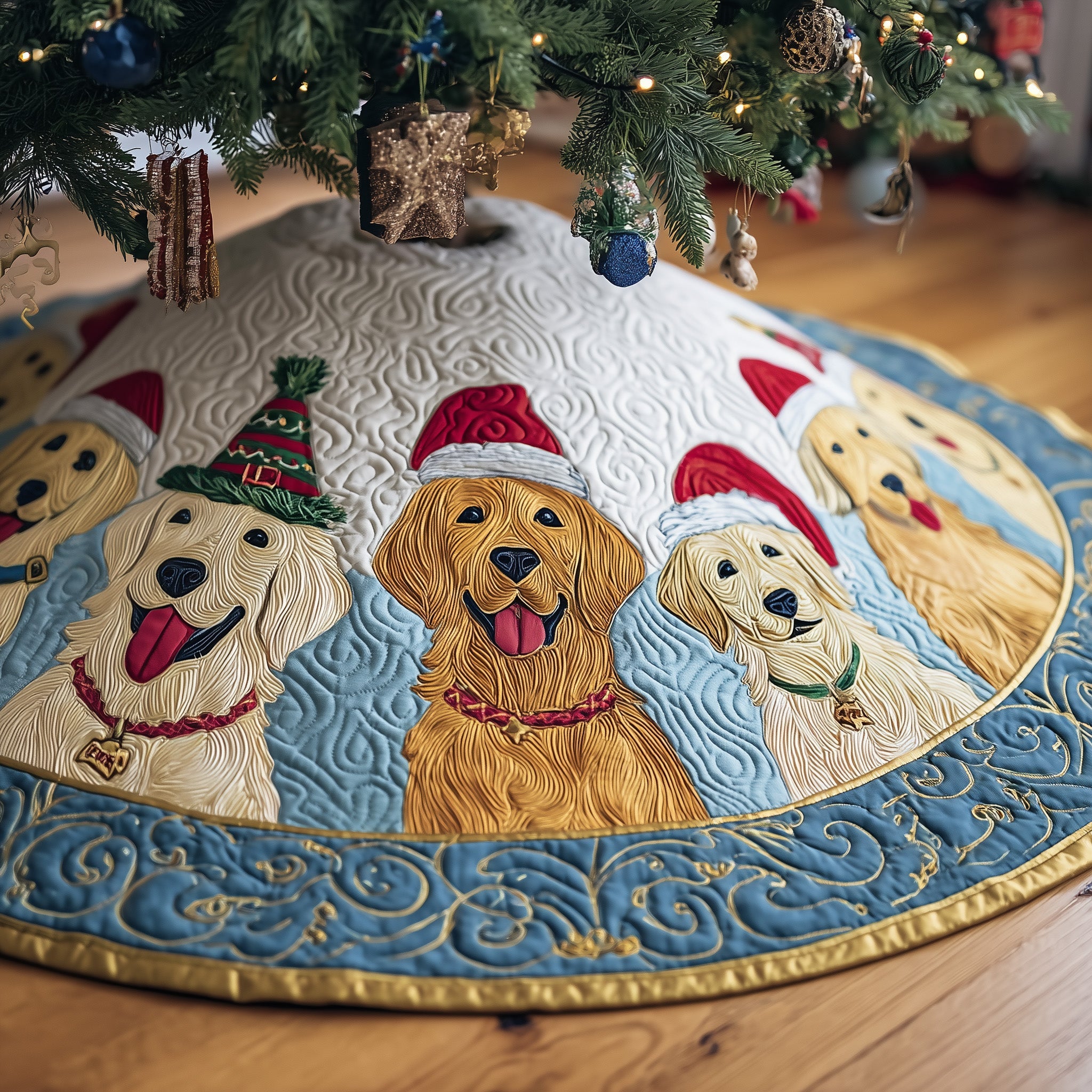 Xmas Golden Retriever Quilted Tree Skirt Warm Winter Home Merch